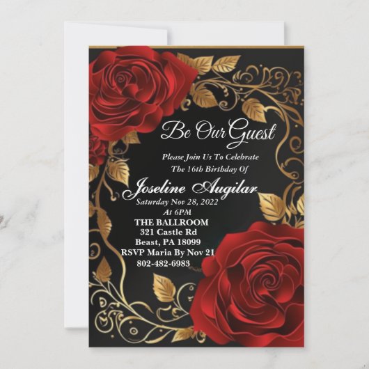 Beauty and the Beast Red Rose Sweet 16 Invitation Kaart (Voorkant)