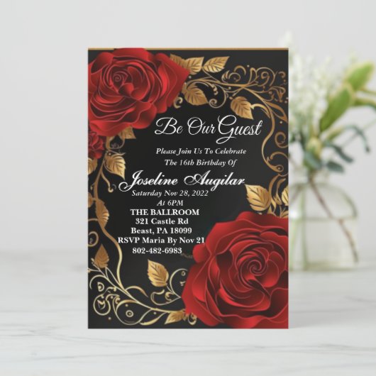 Beauty and the Beast Red Rose Sweet 16 Invitation Kaart (Staand voorkant)