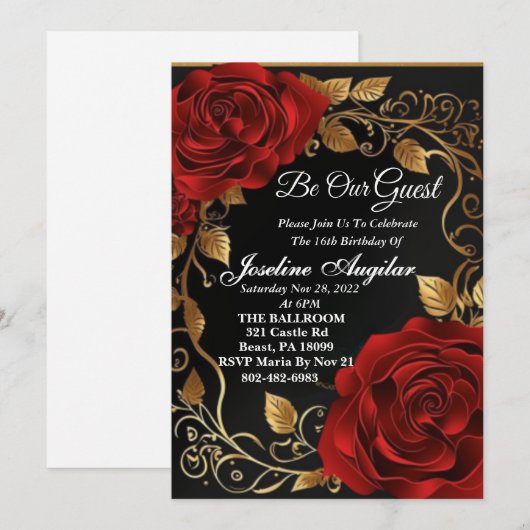 Beauty and the Beast Red Rose Sweet 16 Invitation Kaart (Voorkant / Achterkant)