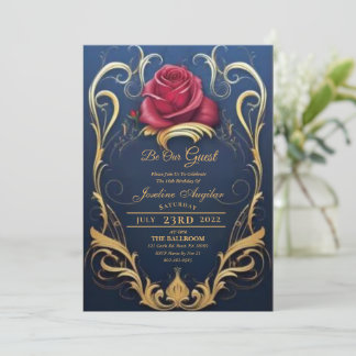 Beauty and the Beast Rode Roos Sweet 16 Uitnodigin Kaart