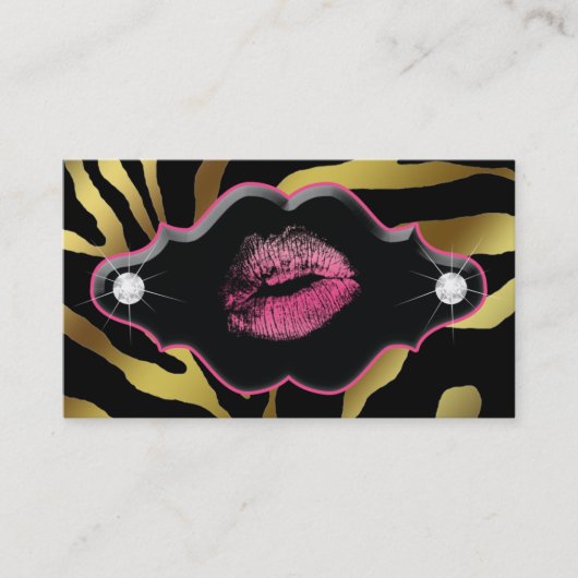 Beauty Animal Zebra Roze Lips Gold Diamonds Visitekaartje (Voorkant)