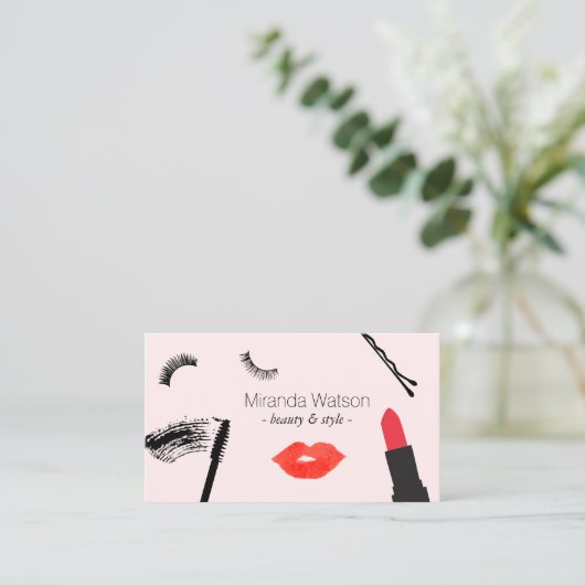 Beauty Biz Wimpers Lippen Mascara Make-up Roze Visitekaartje (Staand voorkant)