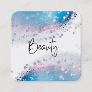 *~* BEAUTY - Blue Waterverf Pastel Silver Glitter Vierkante Visitekaartje