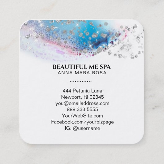 *~* BEAUTY - Blue Waterverf Pastel Silver Glitter Vierkante Visitekaartje (Achterkant)