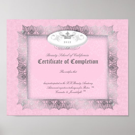 Beauty Diploma Certificate of Completion Pink Poster (Voorkant)