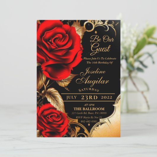 Beauty en de Beast Red Rose Sweet 16 Invitations Kaart (Staand voorkant)