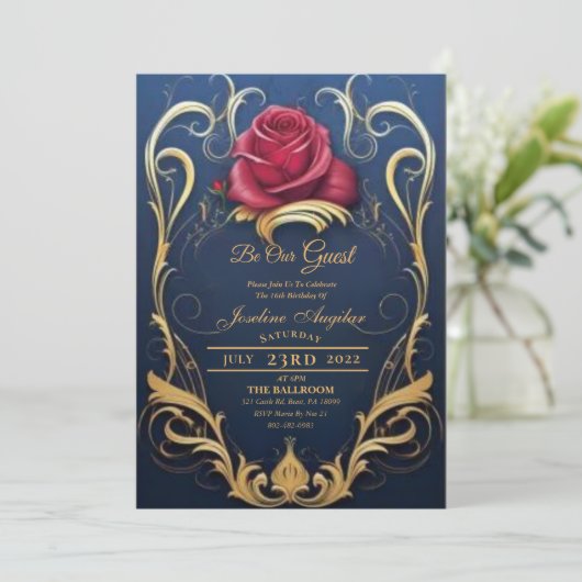 Beauty en de Beast Red Rose Sweet 16 Invitations Kaart (Staand voorkant)