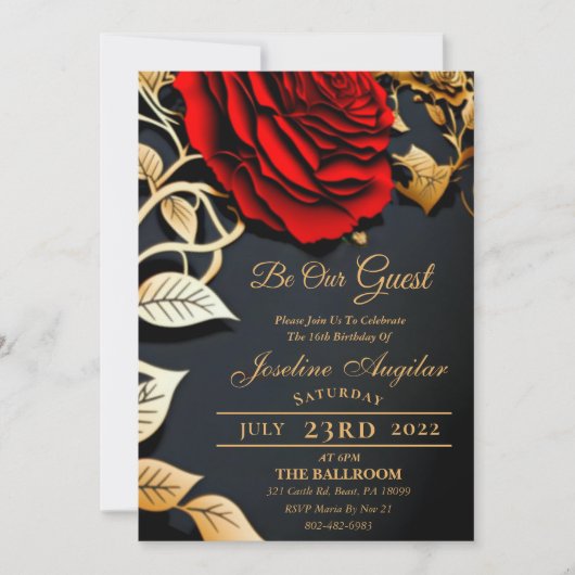 Beauty en de Beast Red Rose Sweet 16 Invitations Kaart (Voorkant)
