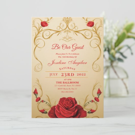 Beauty en de Beast Red Rose Sweet 16 Invitations Kaart (Staand voorkant)