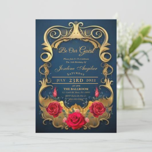 Beauty en de Beast Red Rose Sweet 16 Invitations Kaart (Staand voorkant)
