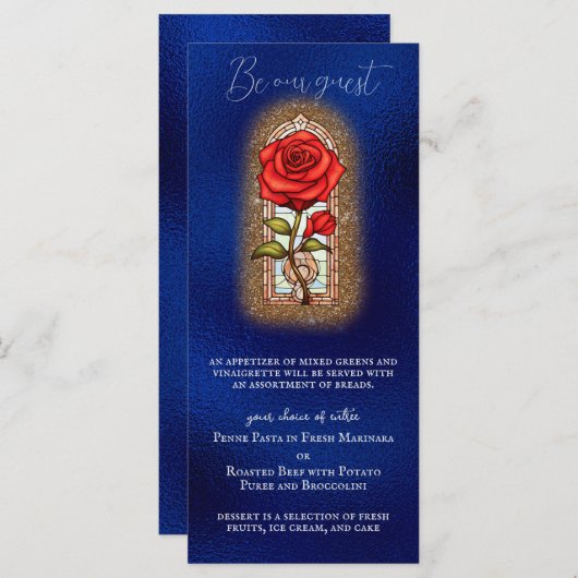 Beauty en het Beest Sprookje Roos op Blauw Menu (Voorkant / Achterkant)