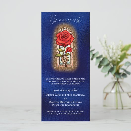 Beauty en het Beest Sprookje Roos op Blauw Menu (Staand voorkant)