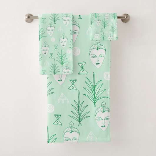 Beauty Facets Botanical Pattern Mint Green Bad Handdoek (Insitu)