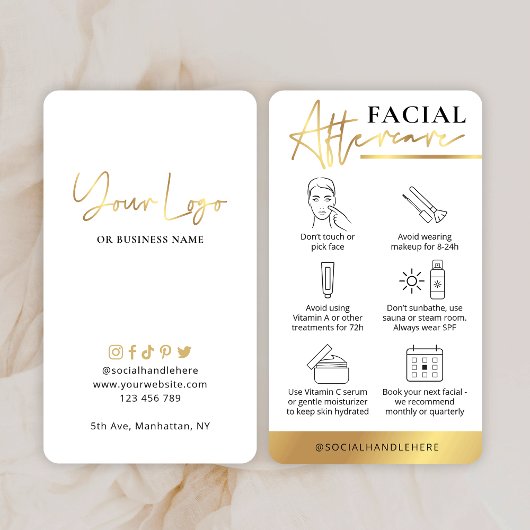 Beauty Facial Aftercare Guide White & Gold Logo Visitekaartje