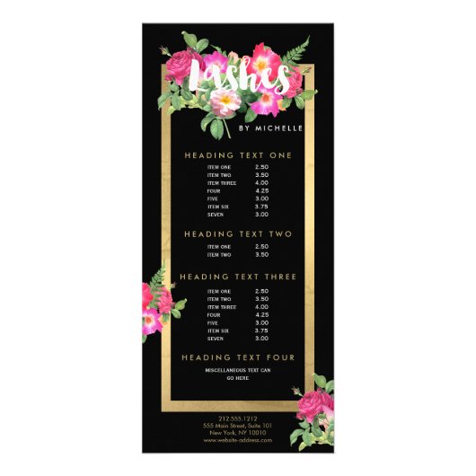 Beauty Florals Lash Extensions Zwart Reclamekaart (Voorkant)