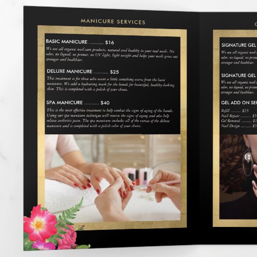Beauty Florals Nagelsalon Zwart Brochure Drieluik Kaart (Binnenzijde eerst)