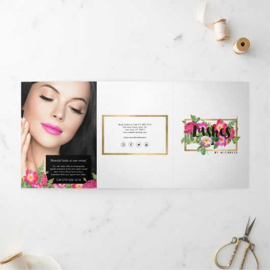 Beauty Florals Wimper Extenties Wit Brochure Drieluik Kaart (Buitenkant)