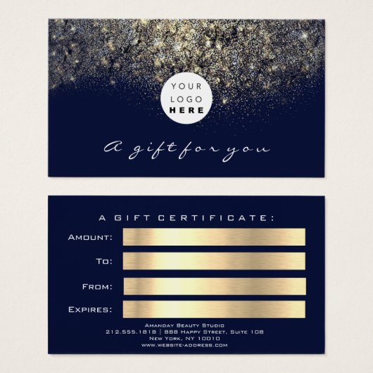Beauty Gift Certificate Blue Navy Gold Lash Logo Visitekaartje (Voorkant /achterkant)