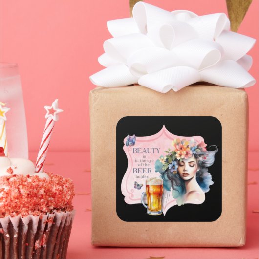 Beauty in the Eye of the Bierhouder  Lady Vierkante Sticker (Feest)