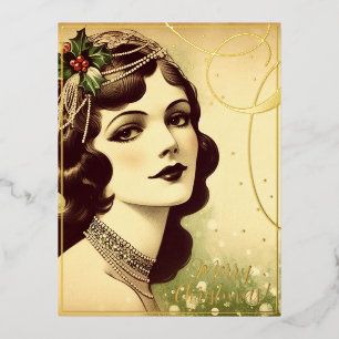 Beauty  Lady Merry Christmas Greets Retro Folie Feestdagen Briefkaart