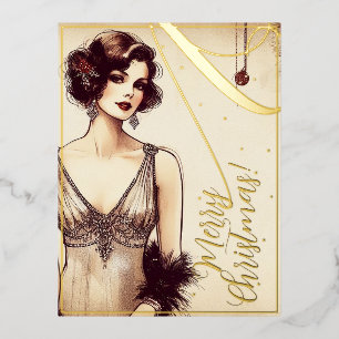 Beauty  Lady Merry Christmas Greets Retro Folie Feestdagen Briefkaart