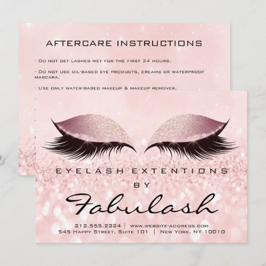 Beauty Lashes Extension Natercare Instruction Roze Kaart (Voorkant / Achterkant)