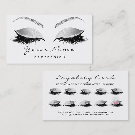 Beauty Loyalty Kaart 10 Lash WhiteGrey Silver Crow (Voorkant / Achterkant)