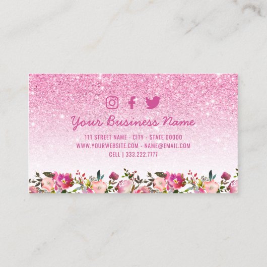 Beauty Makeup Artist Pink Glitter Floral Visitekaartje (Achterkant)