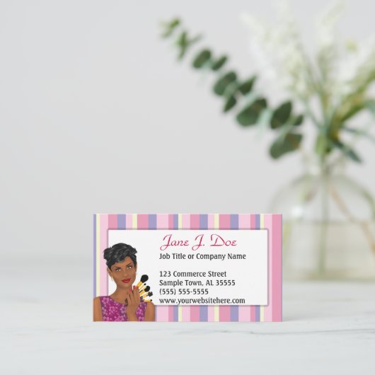 Beauty Makeup Artist Pink Stripe, Afrikaans-Amerik Visitekaartje (Staand voorkant)