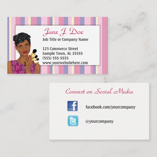 Beauty Makeup Artist Pink Stripe, Afrikaans-Amerik Visitekaartje (Voorkant / Achterkant)
