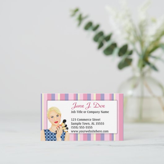 Beauty Makeup Artist Pink Stripe, Blonde Visitekaartje (Staand voorkant)