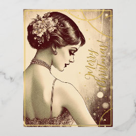 Beauty  Meisje Vrolijk Kerstmis Groeten Retro Folie Feestdagen Briefkaart