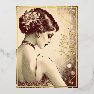 Beauty  Meisje Vrolijk Kerstmis Groeten Retro Folie Feestdagen Briefkaart