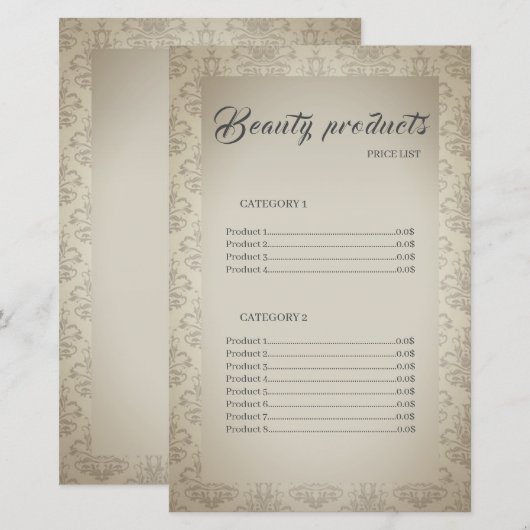 Beauty Products Elegant Lijst Price List (Voorkant / Achterkant)