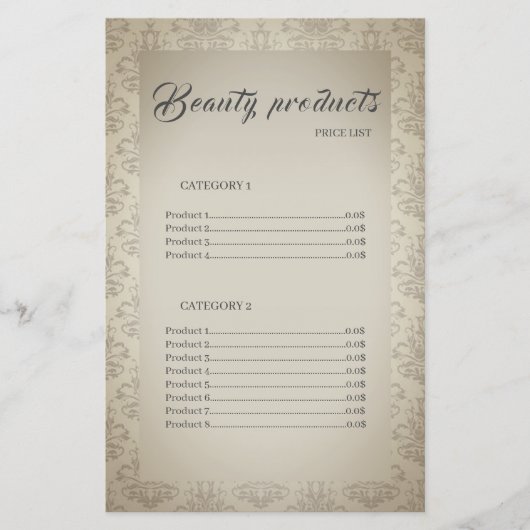 Beauty Products Elegant Lijst Price List (Voorkant)