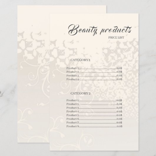Beauty Products Elegant Lijst Price List (Voorkant / Achterkant)
