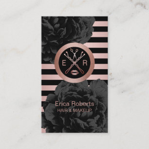 Beauty Salon Black Floral Modern Roos Gold Stripes Visitekaartje
