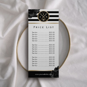 Beauty Salon Black Floral Modern Stripe Price List Reclamekaart