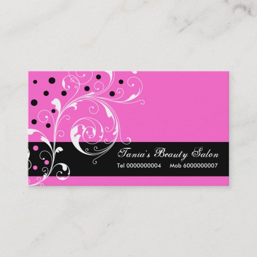 Beauty Salon bloemenrol blad zwart, heet roze Visitekaartje (Voorkant)