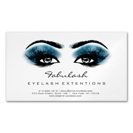 Beauty Salon Blue White Adress Makeup Lashes Magnetisch Visitekaartje (Voorkant)