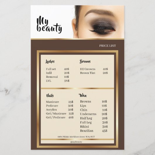 Beauty Salon Brown & Golden Lijst Price List (Voorkant)