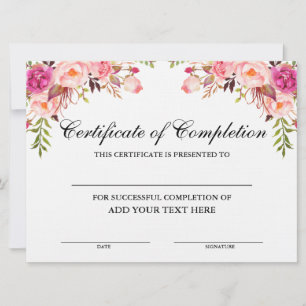 Beauty Salon Certificate of Completion Pink Floral Kaart