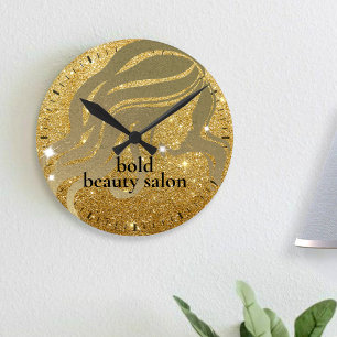 Beauty Salon Custom Name Gold Metallic en Glitter Ronde Klok