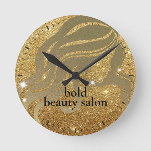 Beauty Salon Custom Name Gold Metallic en Glitter Ronde Klok (Voorkant)