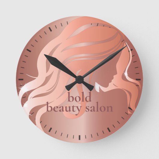 Beauty Salon Custom Name Roos Gold Metallic Wall Ronde Klok (Voorkant)