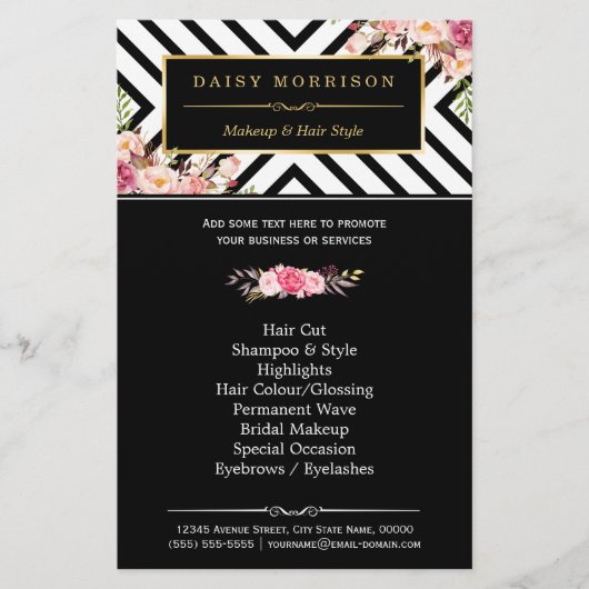 Beauty Salon  Floral Black White Stripes Flyer (Voorkant)
