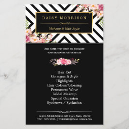 Beauty Salon Floral Black White Stripes Flyer