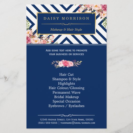 Beauty Salon  Floral Navy Blue Stripes Flyer (Voorkant)