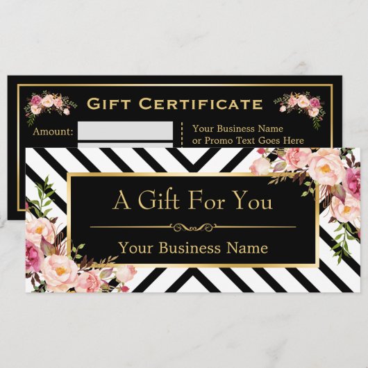 Beauty Salon Gift Certificate Gold Floral Stripes (Voorkant / Achterkant)