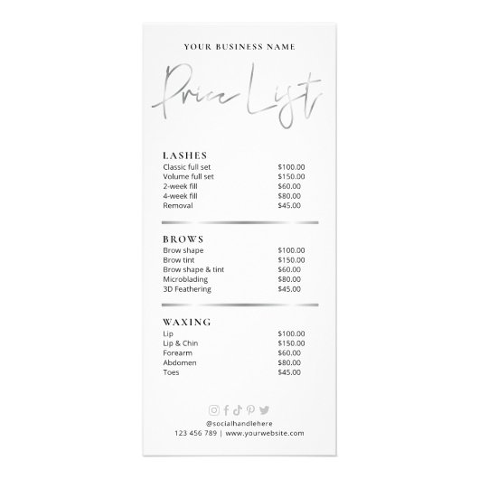 Beauty Salon Glam Silver Logo Trendy Price List Reclamekaart (Voorkant)